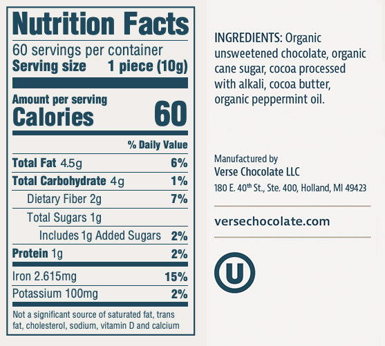 Verse Mint<br/> 90% Dark Chocolate<br/>60-Count<br/>Wholesale Case of 4 - Verse Chocolate